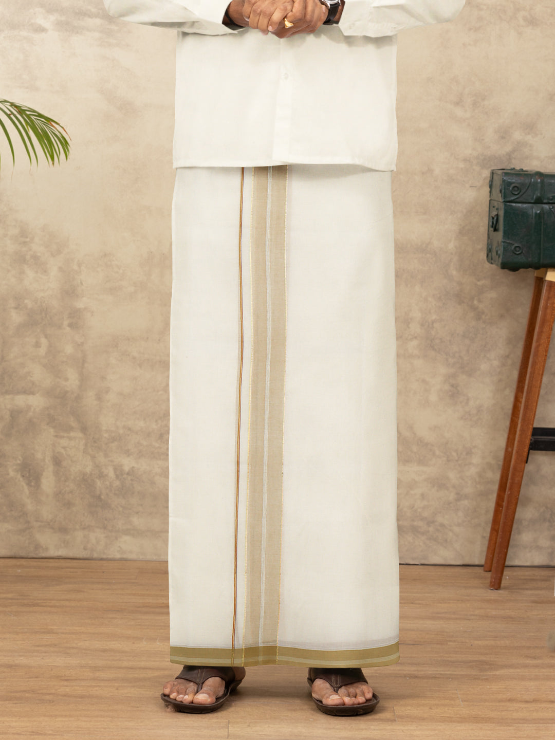 Men Kora Cotton Double Layer Dhoti with Brown Fancy Jari Border EGJ18