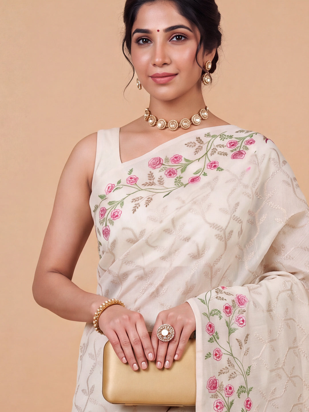 Women Spun Poly Off White Fancy Printed Saree FS01