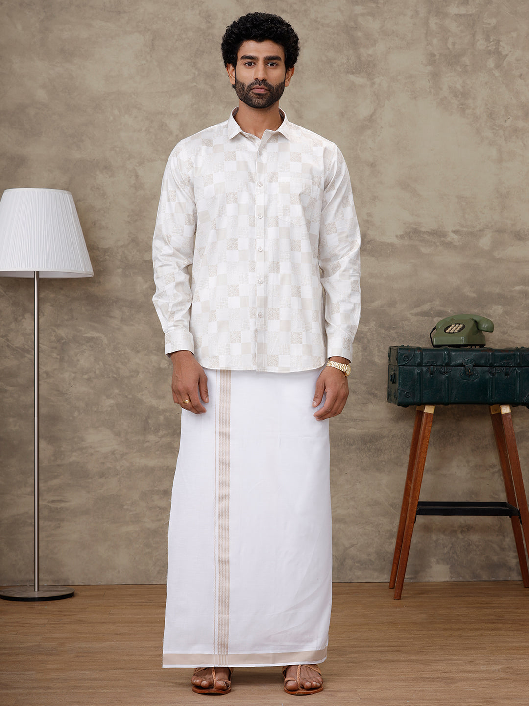 Men Cream Matching Border Dhoti With Printed Shirt Set Fusion PS1