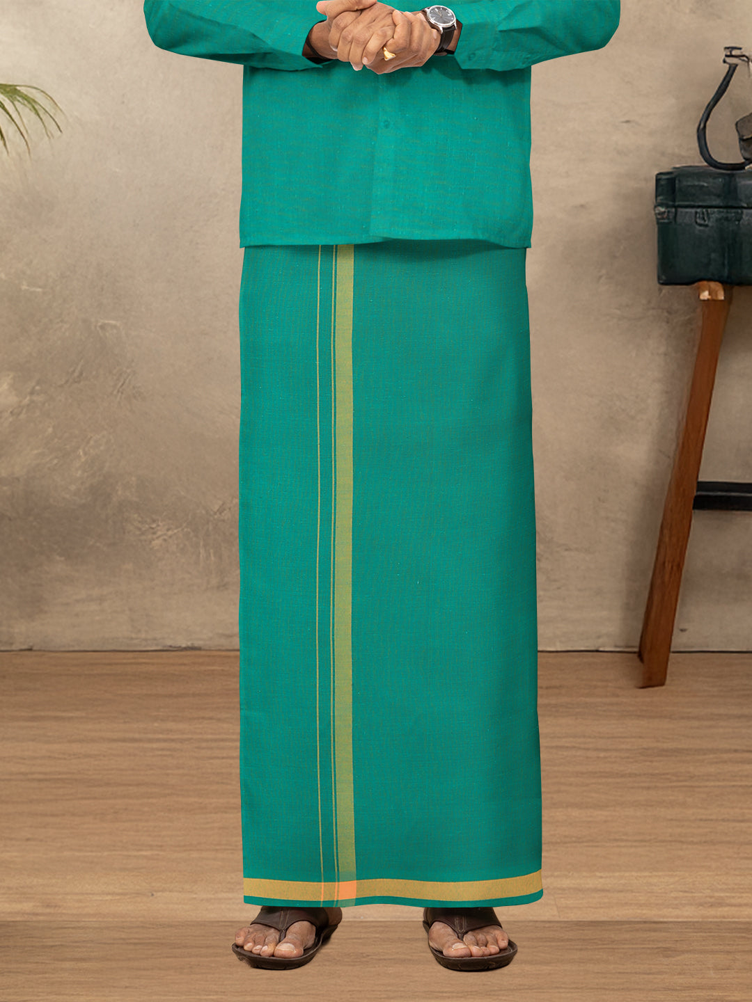 Men Cotton Blend Single Layer Green Dhoti with Fancy Border Enrich Colour 2