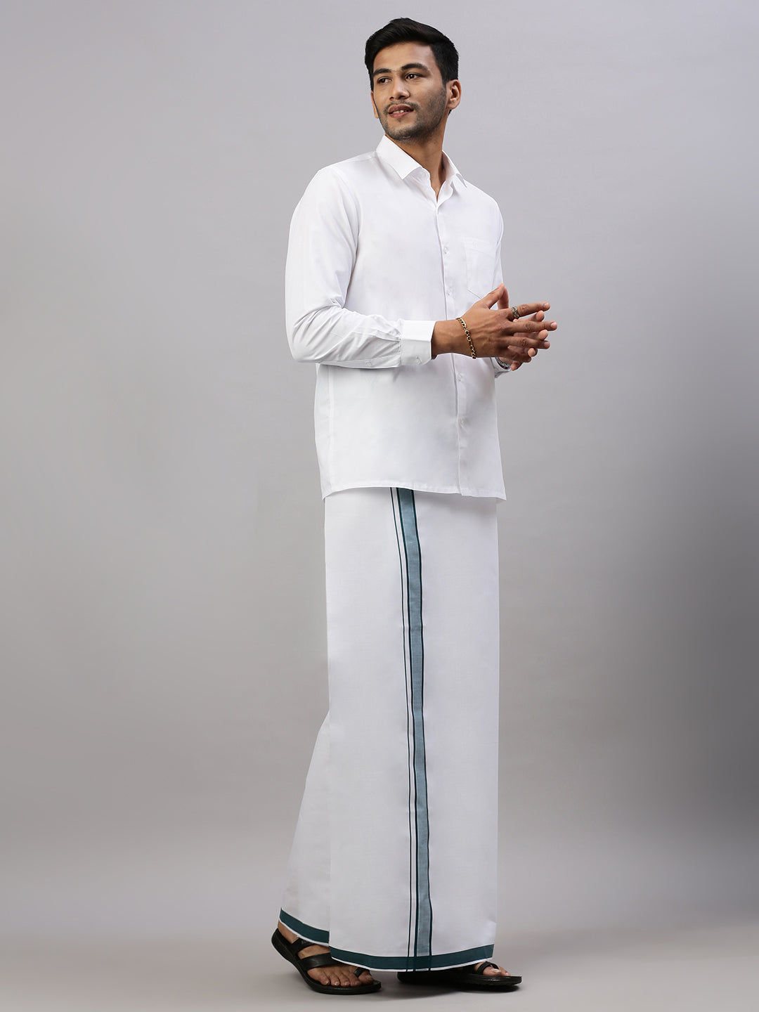 Mens White Shirt with Green Fancy Border Dhoti Combo WP07