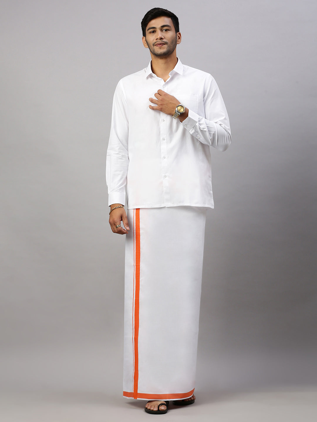 Mens White Shirt with Single Dhoti Orange Combo WS12