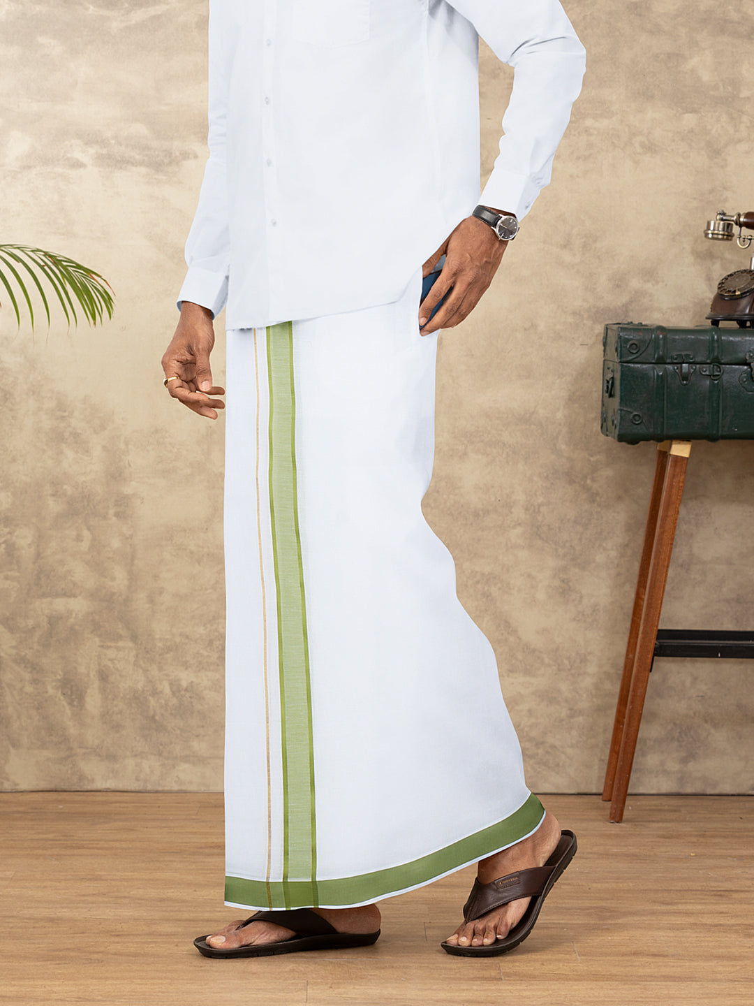 Men Cotton Blend Readymade Double Layer White Dhoti with Fancy Jari Border GFDA16