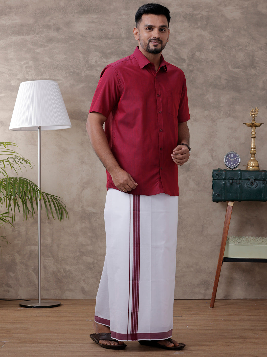 Mens Purple Matching Border Dhoti & Half Sleeves Shirt Set Evolution IC6