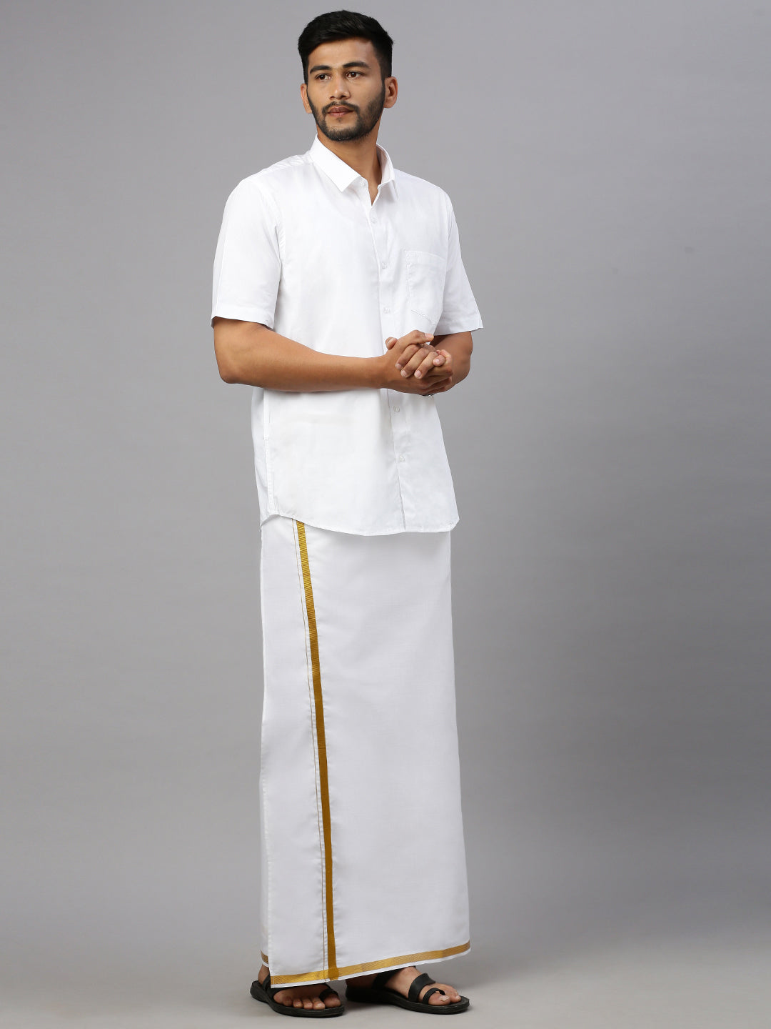 Men Readymade Double Layer Dhoti White with Gold Jari Border 708