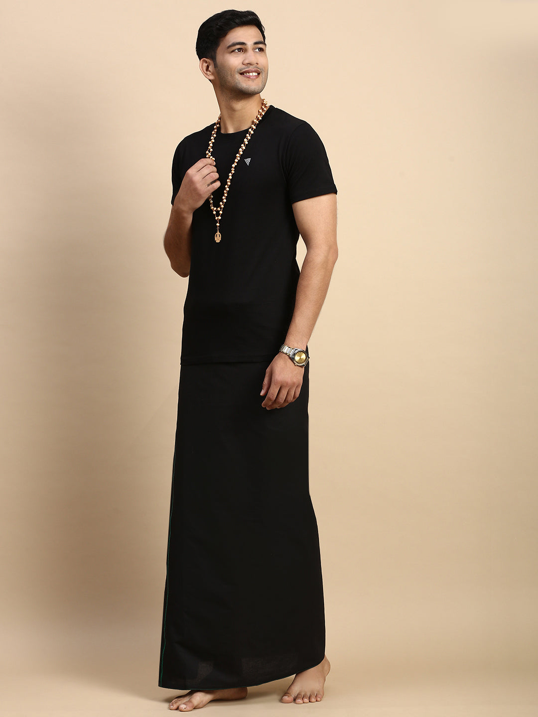 Men Devotional Small Border Dhoti & TShirt Set Black ET14