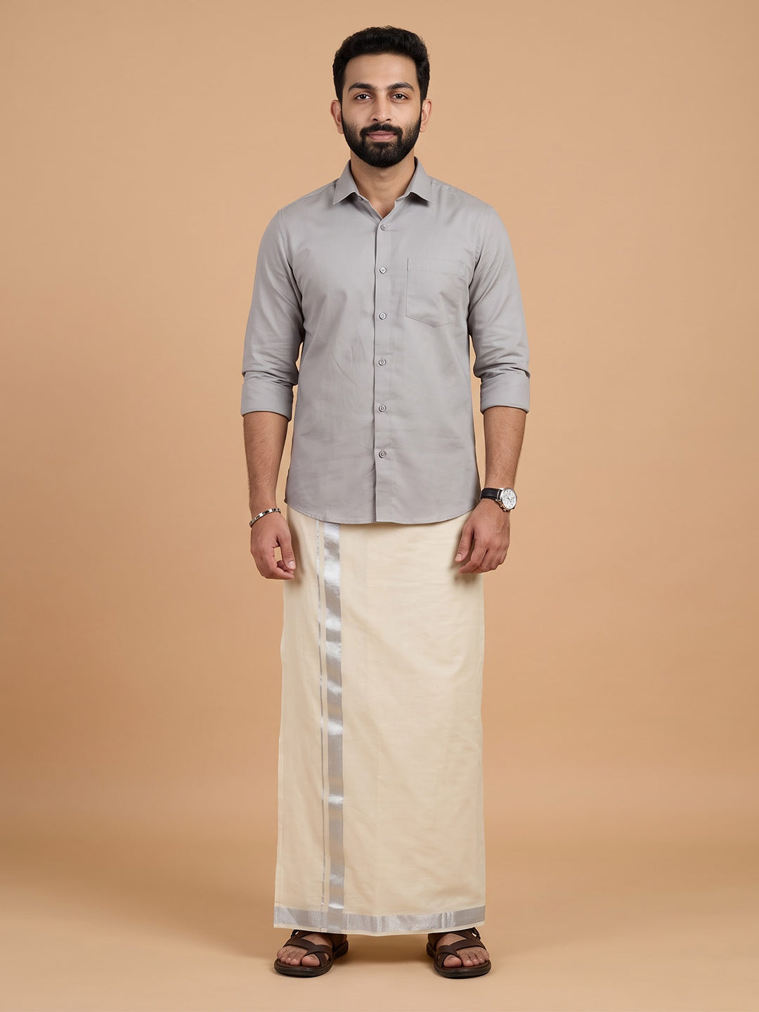 Double Layer 100% Cotton Cream Kora Dhoti with Silver Jari Border