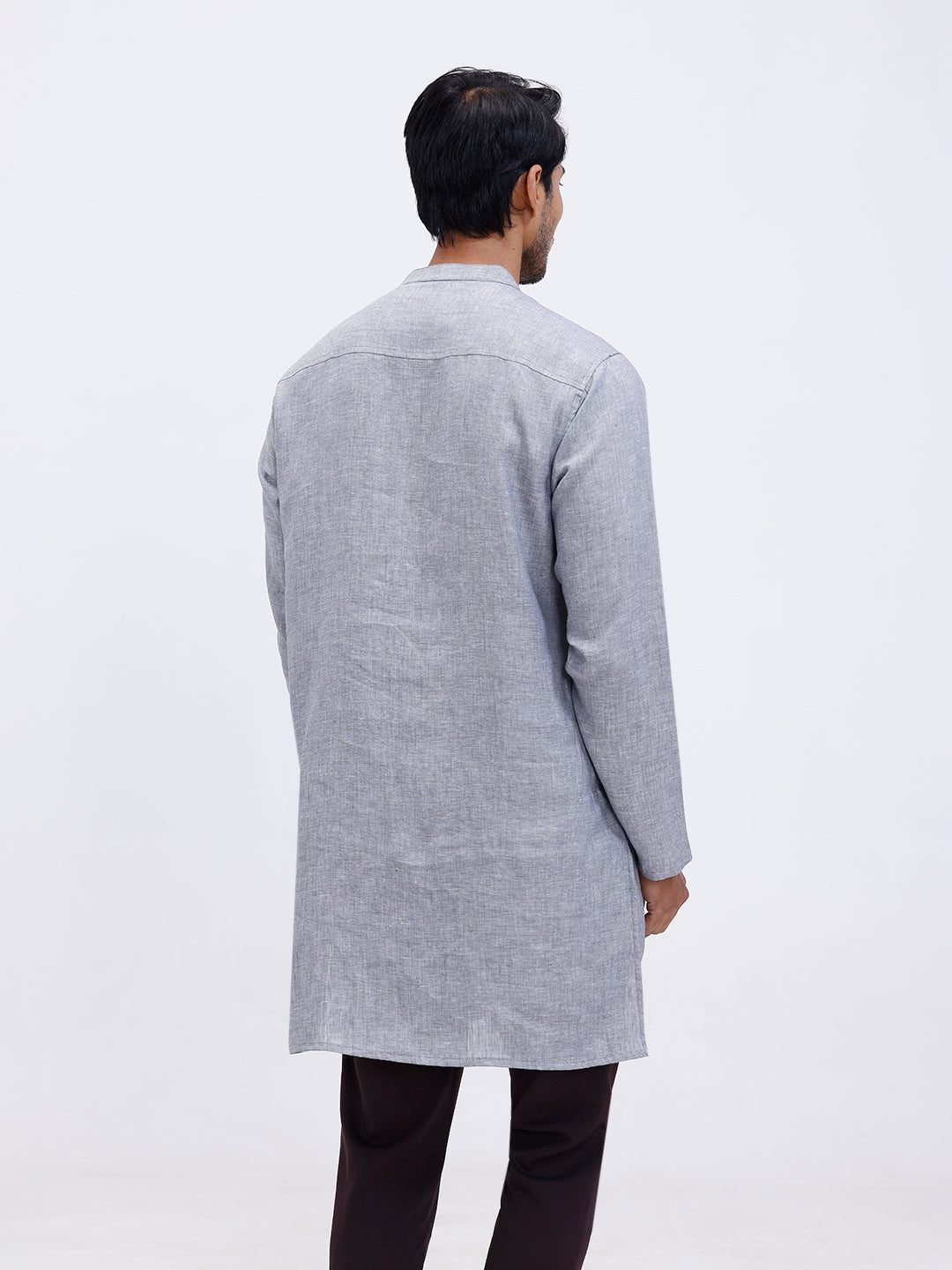Men Pure Linen Medium Length Plain Pocket Kurta Grey KAL13