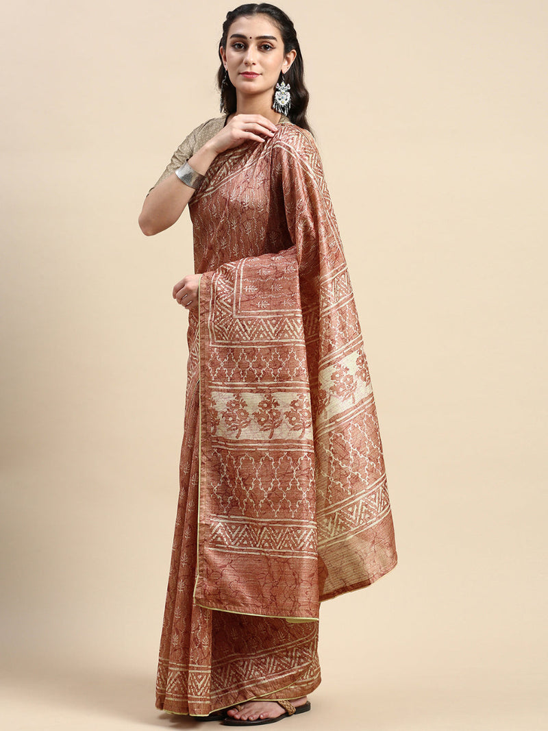 Womens Semi Cotton Brown and Sandal Flower Printed Saree SCS22