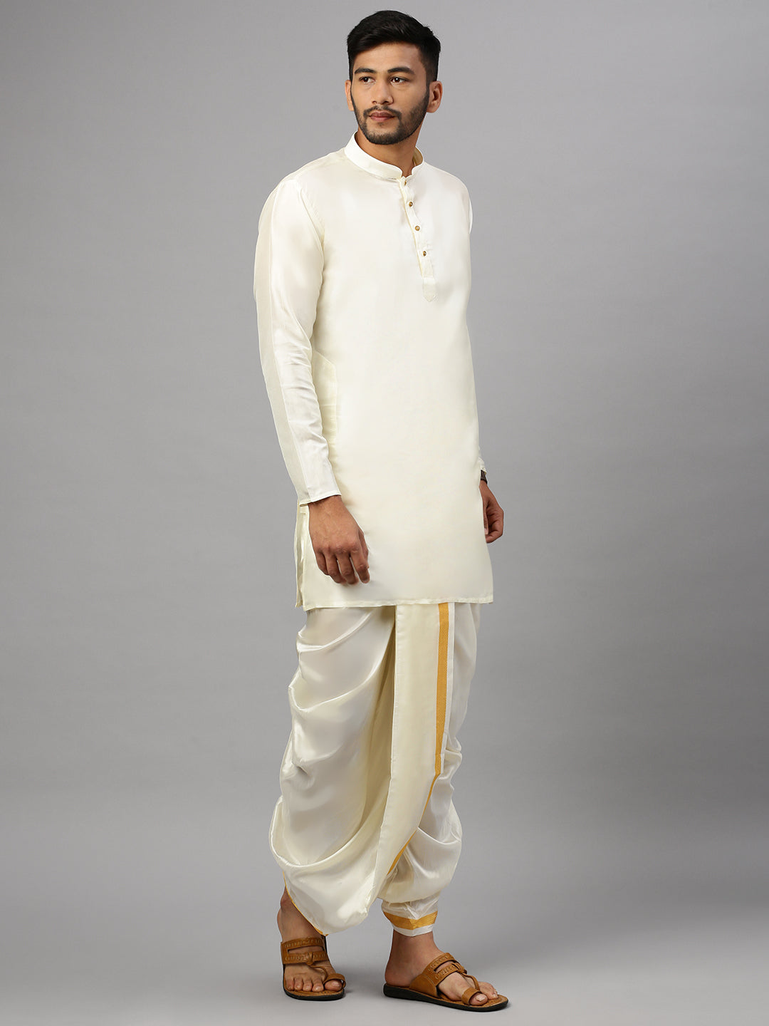 Men Silk Look Medium Length Kurta Cream