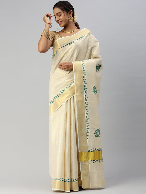 Womens Kerala Tissue Flower Printed Gold Jari & Green Border Saree OKS16