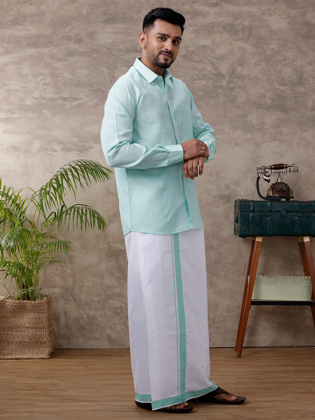 Men Matching Border Dhoti & Full Sleeves Shirt Set Light Pista Green C83