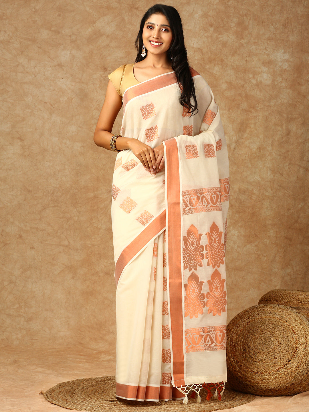 Women Kerala Cream Printed Saree KS144