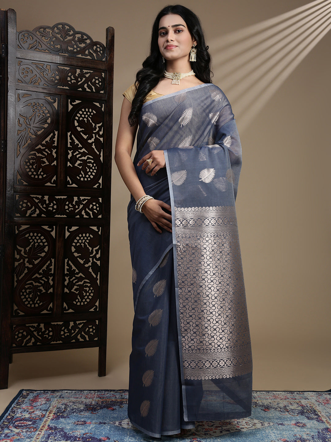 Women Semi Kora Cotton Dark Greyish Blue Saree SK123