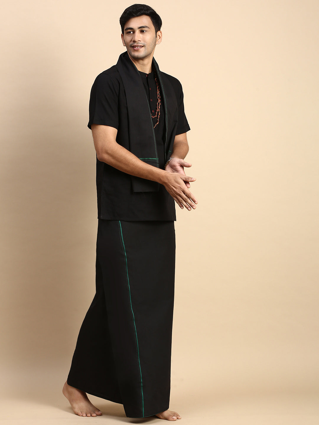 Men Devotional Small Border Dhoti with Towel & Kurta Set Black PB17