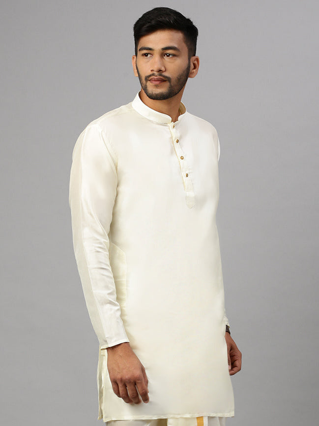 Men Silk Look Medium Length Kurta Cream