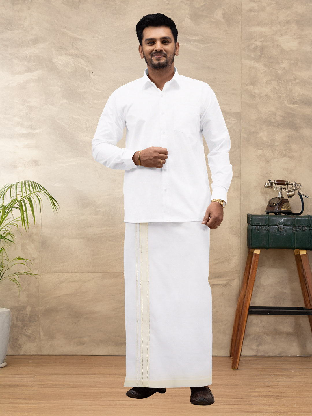 Men 100% Cotton Double Layer White Dhoti with Fancy Jari Border EJF16