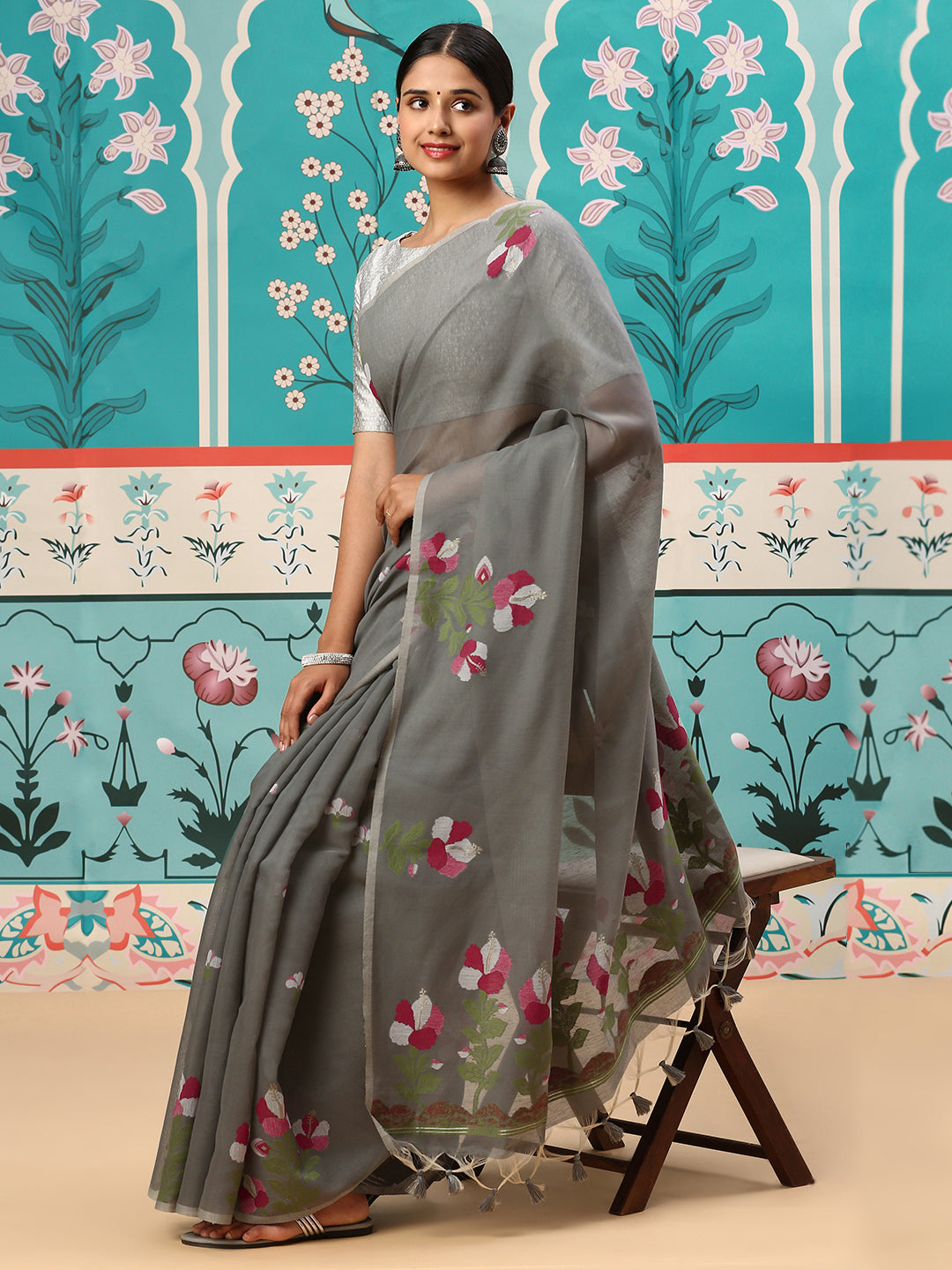 Women Semi Cotton Saree Grey SCS87