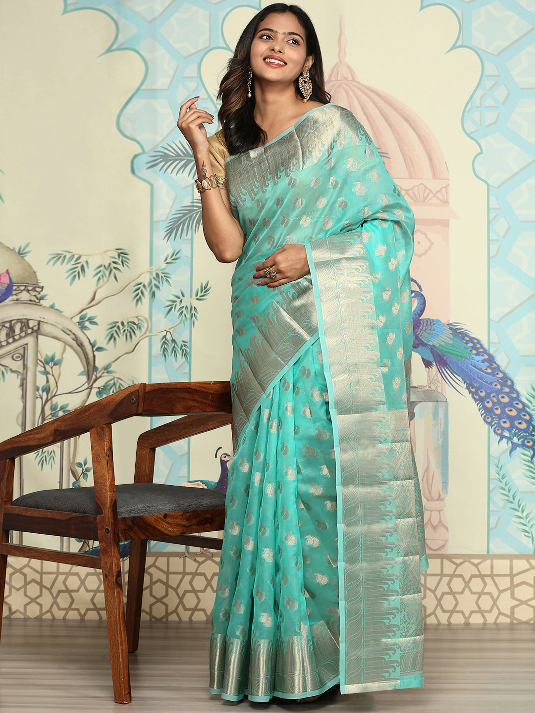 Women Semi Orgenza Weaving Saree Green SOS19