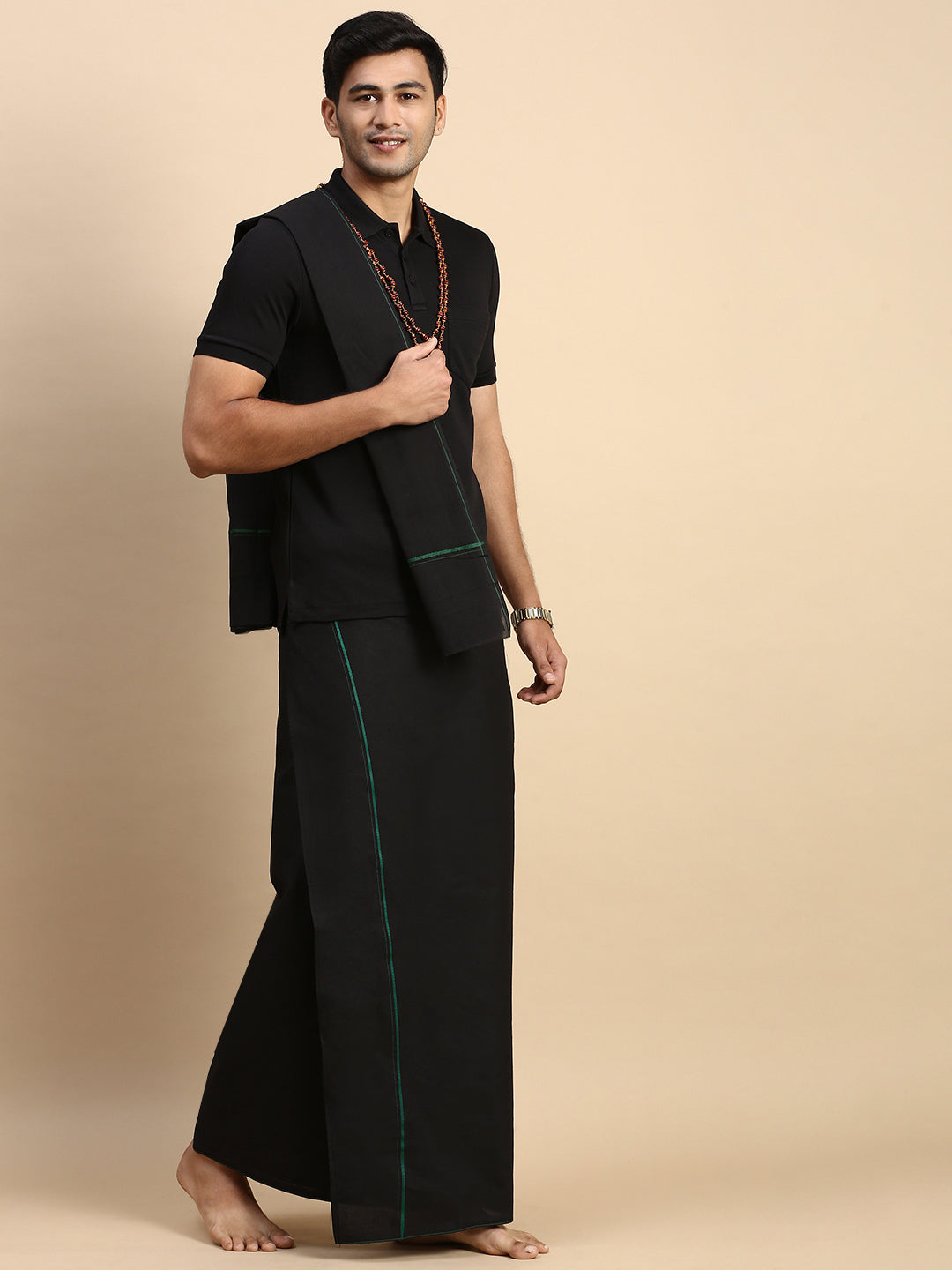 Men Devotional Small Border Dhoti with Towel & TShirt Set Black EPD14