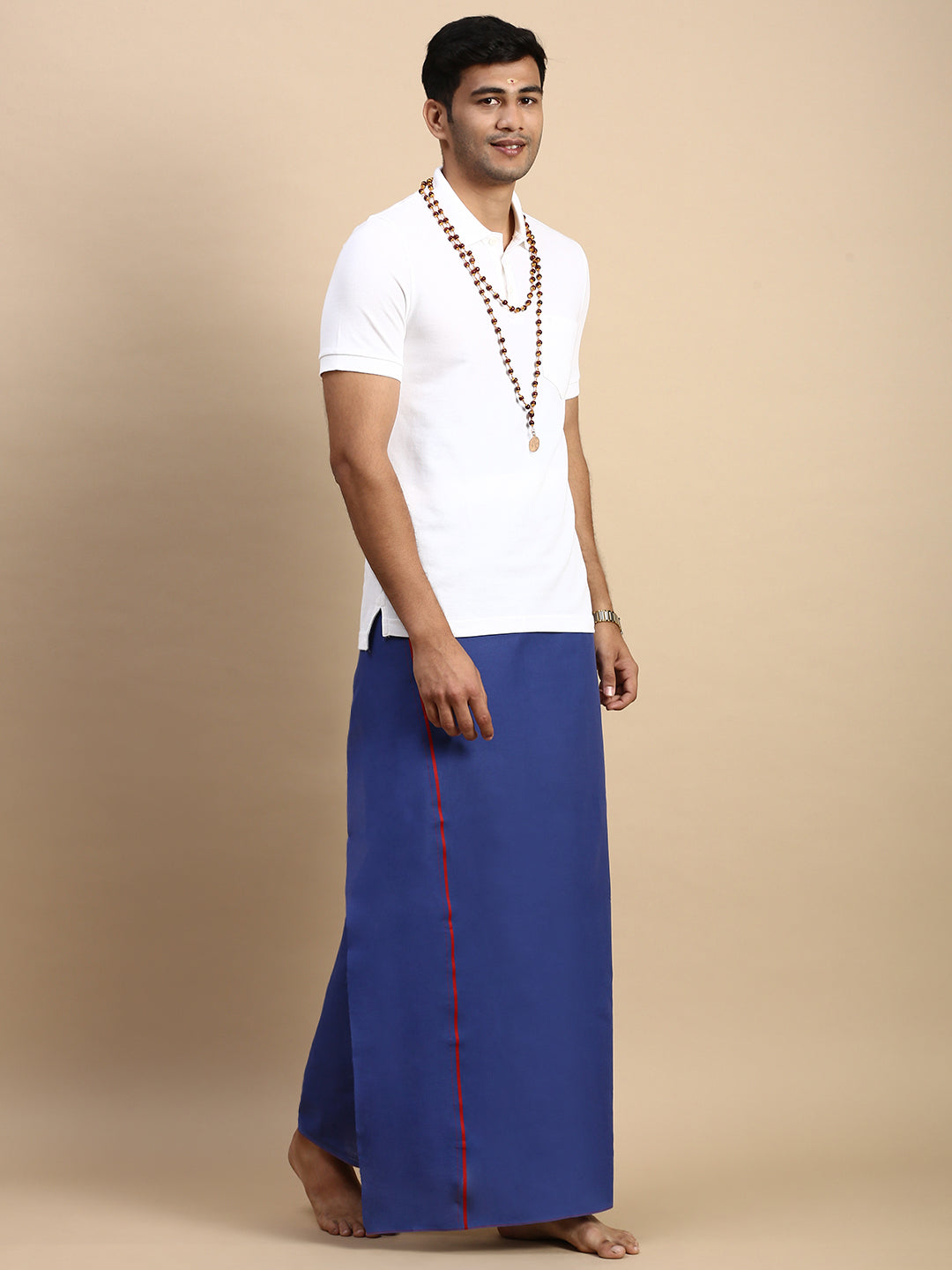 Men Devotional Small Border Dhoti & TShirt Set Blue EP1