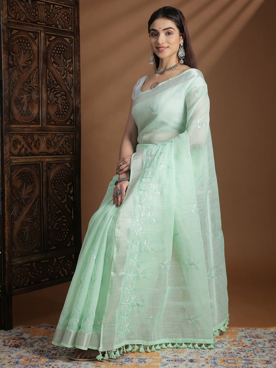 Women Light Green Semi Linen Embroidered Saree SL247