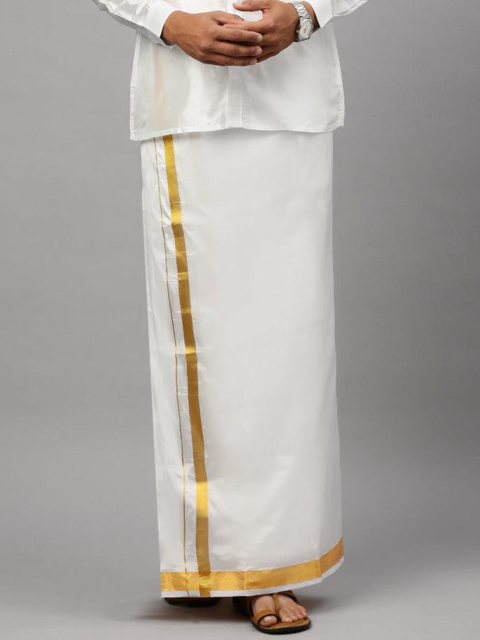 Mens Silk White Double Dhoti 1 1/2" Gold Jari Border Suba Vivaga