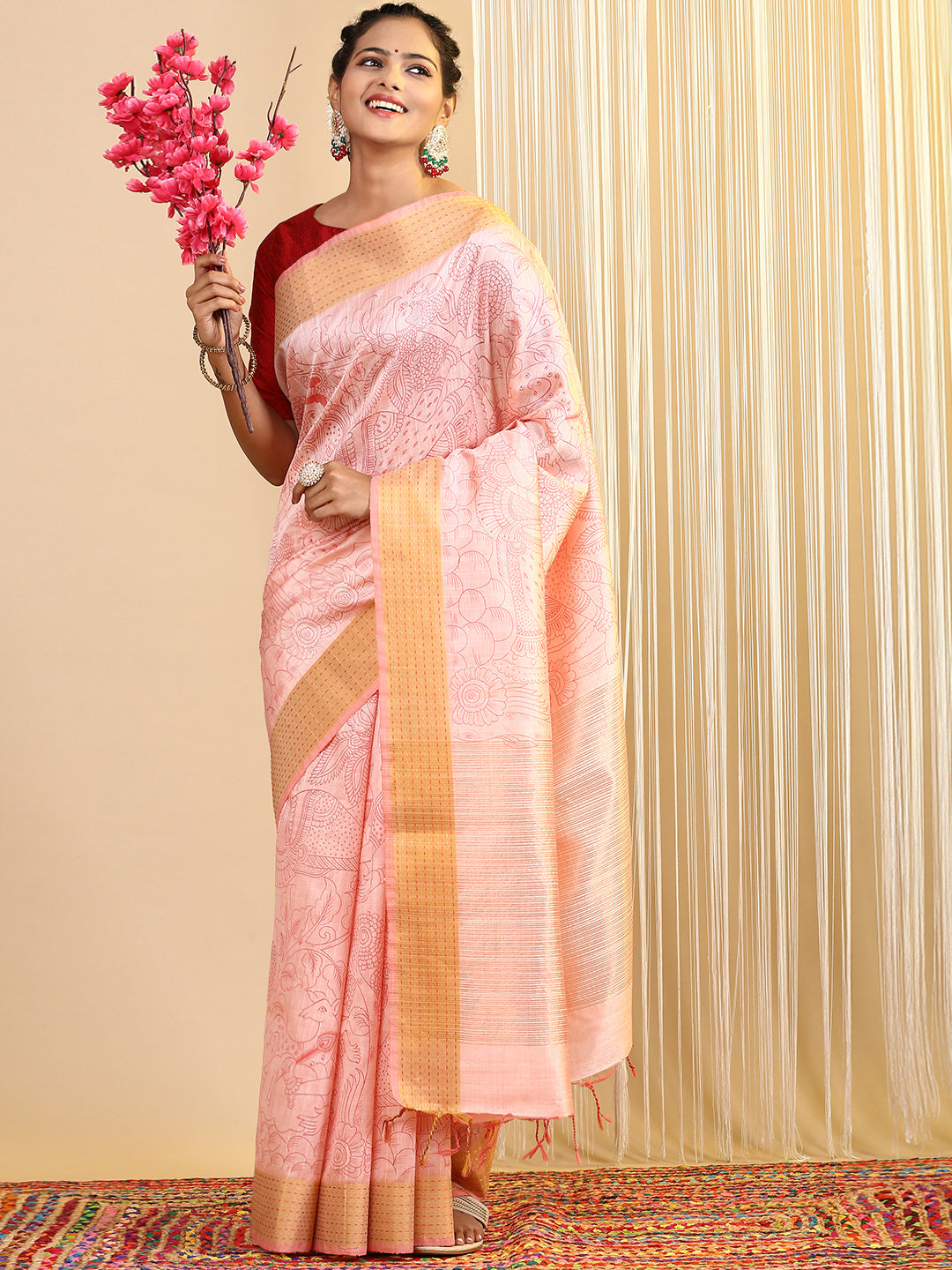 Women Semi Tussar Printed Saree Pink ST179