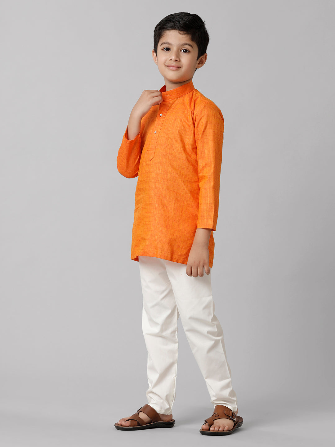 Boys Cotton Full Sleeves Orange Kurta with Cream Pyjama Pant Combo FS3-Side view