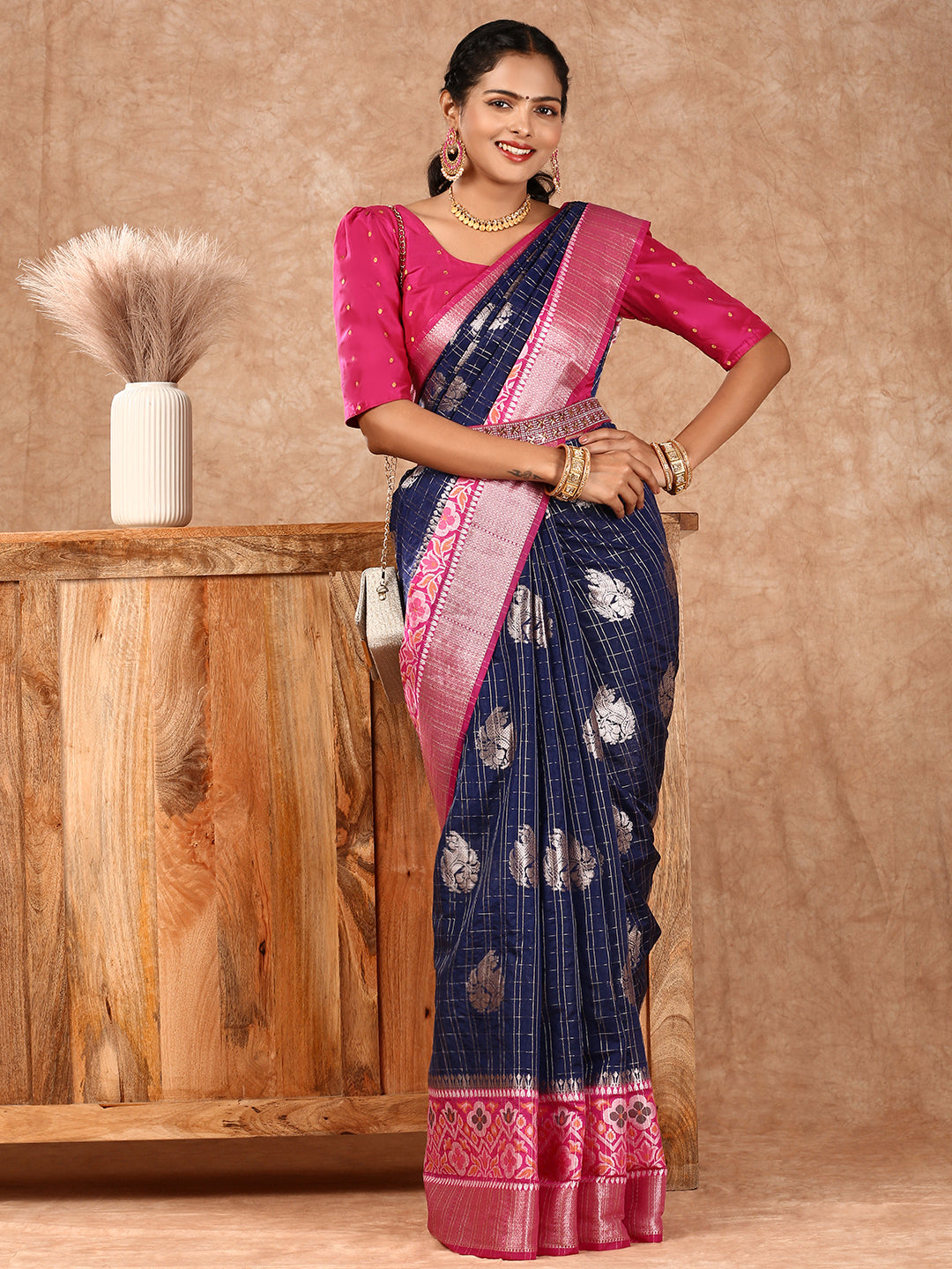 Women Semi Raw Silk Weaving Saree Blue SRS91