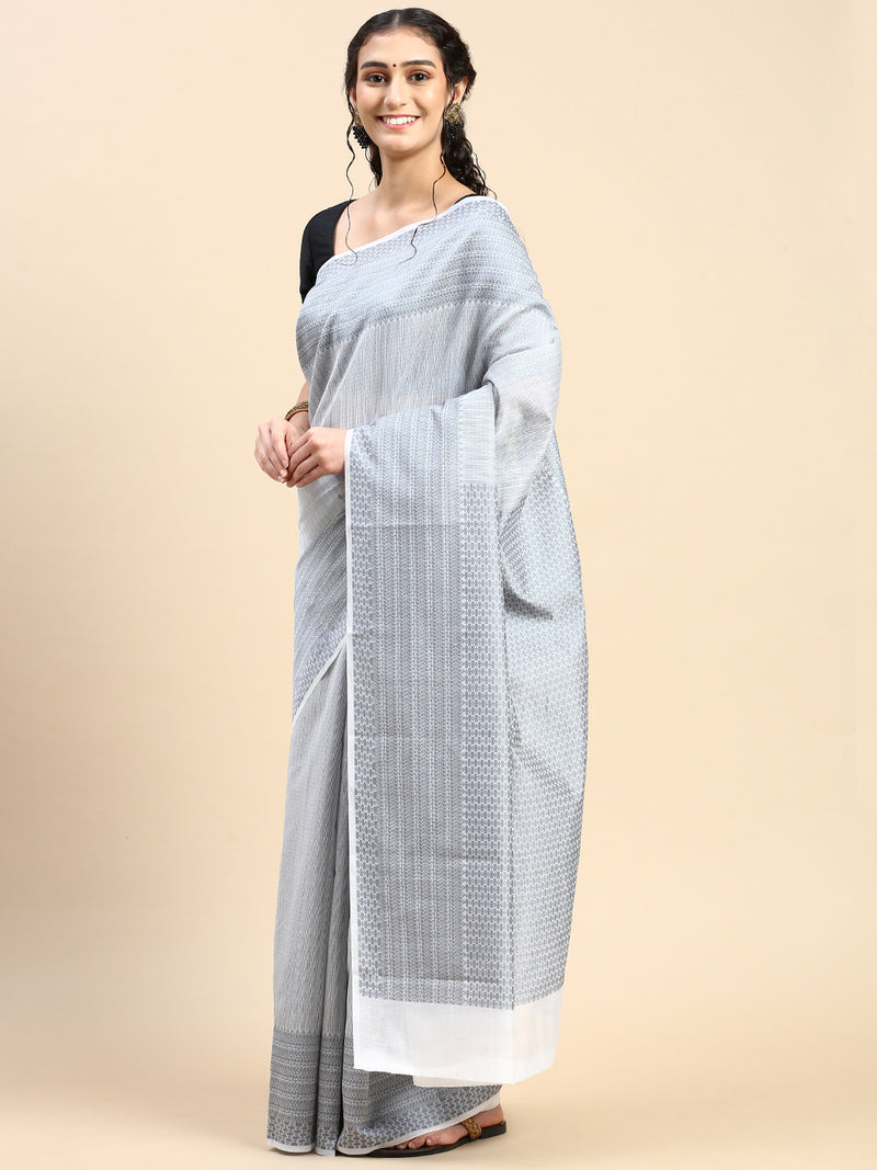 Stylish Grey Striped Design Semi Kora Cotton Saree SK87