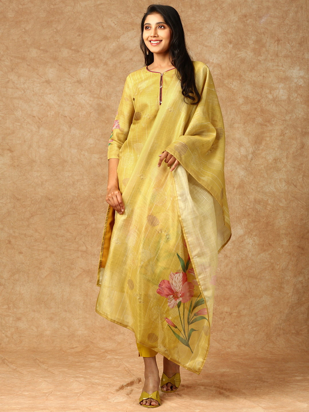 Women Tissue Printed Kurti Set Yellow EKS36