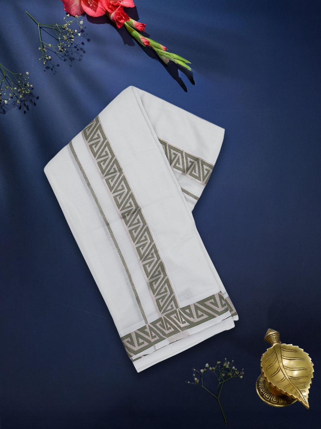 Men Premium Cotton Double Layer White Dhoti with Green Fancy Jari Border Luxury Club LC19