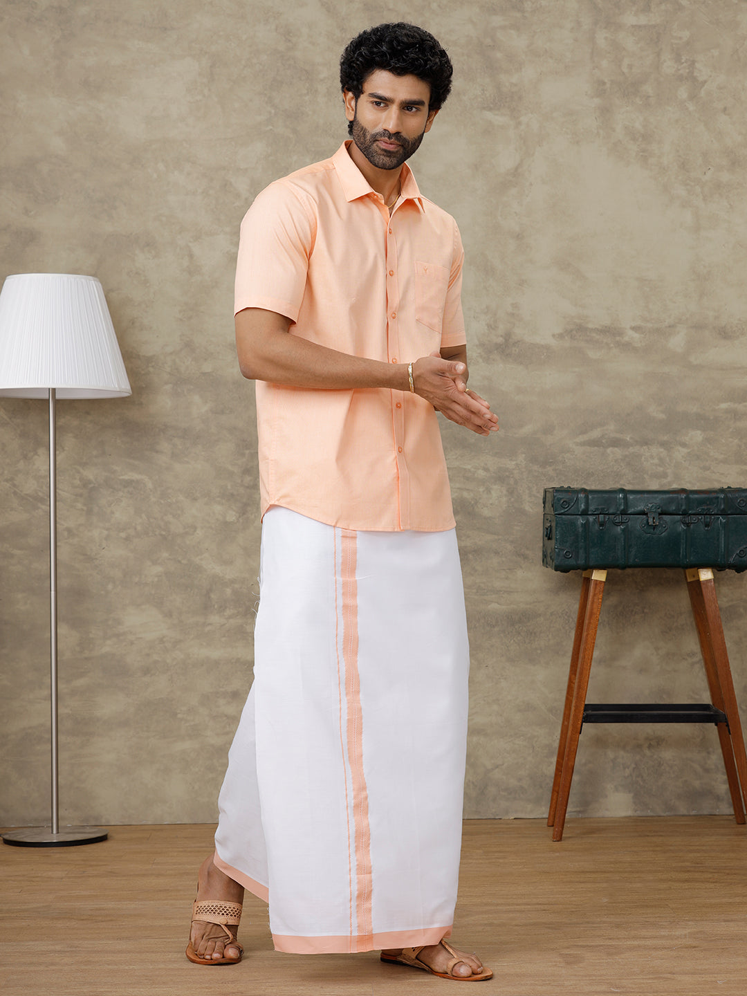 Men Peach Shirt With Matching Border Dhoti Set Evolution