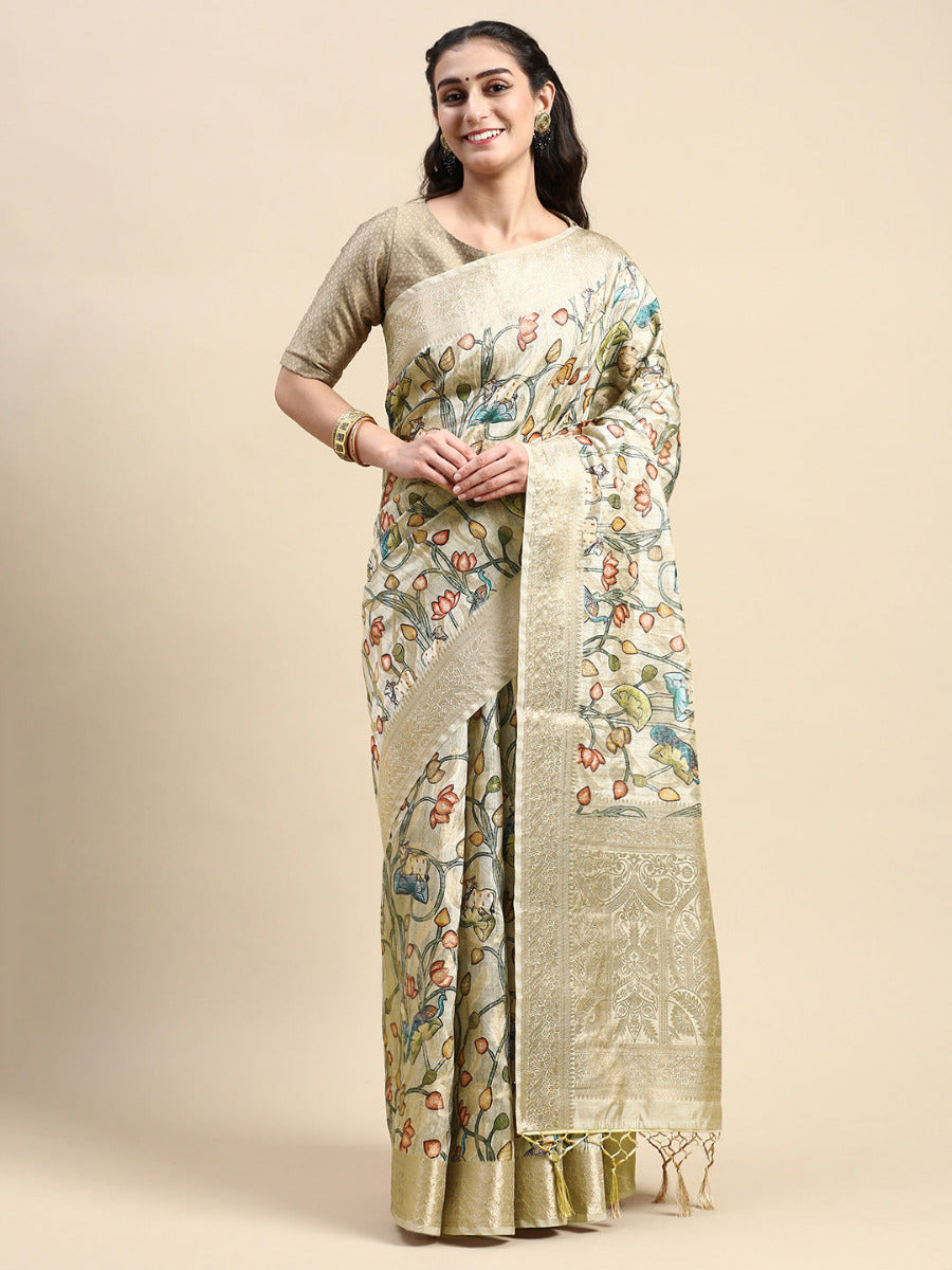 Womens Dola Silk Sandal Flower Digital Print with Jari Border Sarees DS03