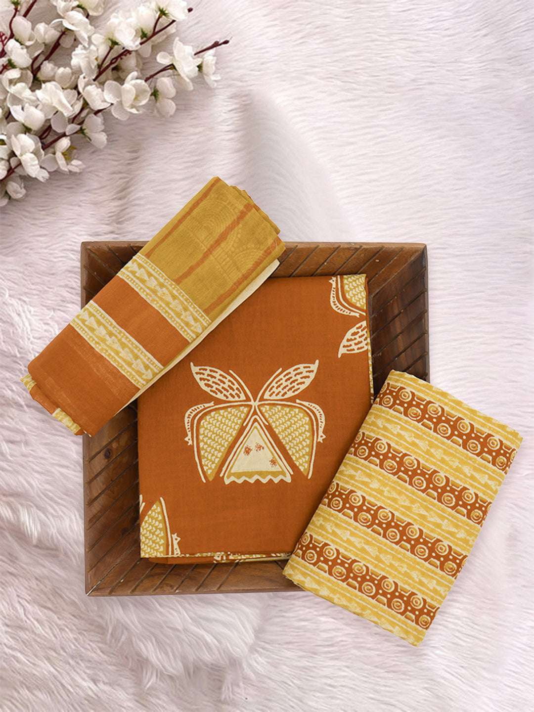 Women Pure Cotton Printed Dress Material Mustard with Rust DM344