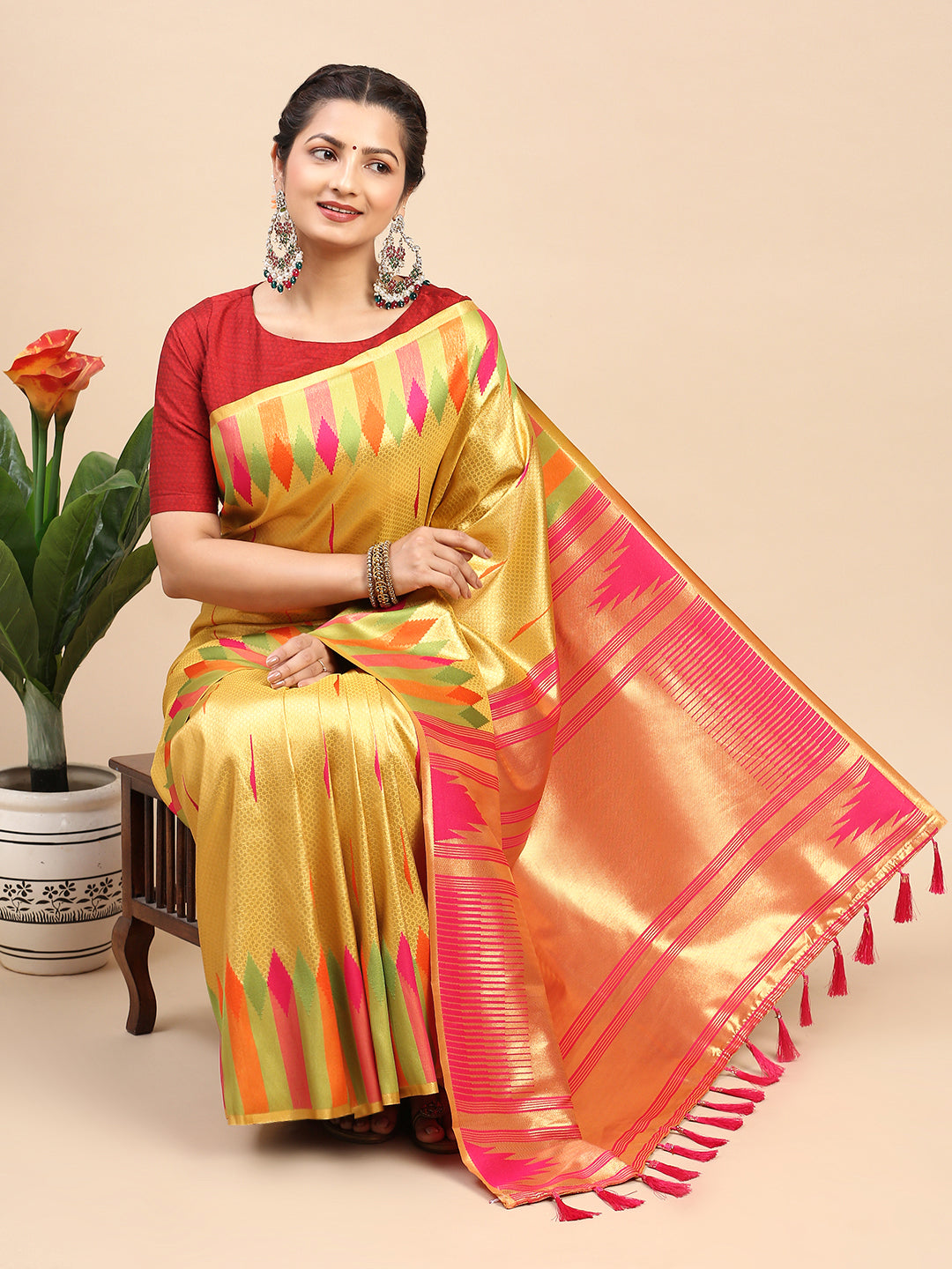 Womens Semi Silk Saree Yellow SS248