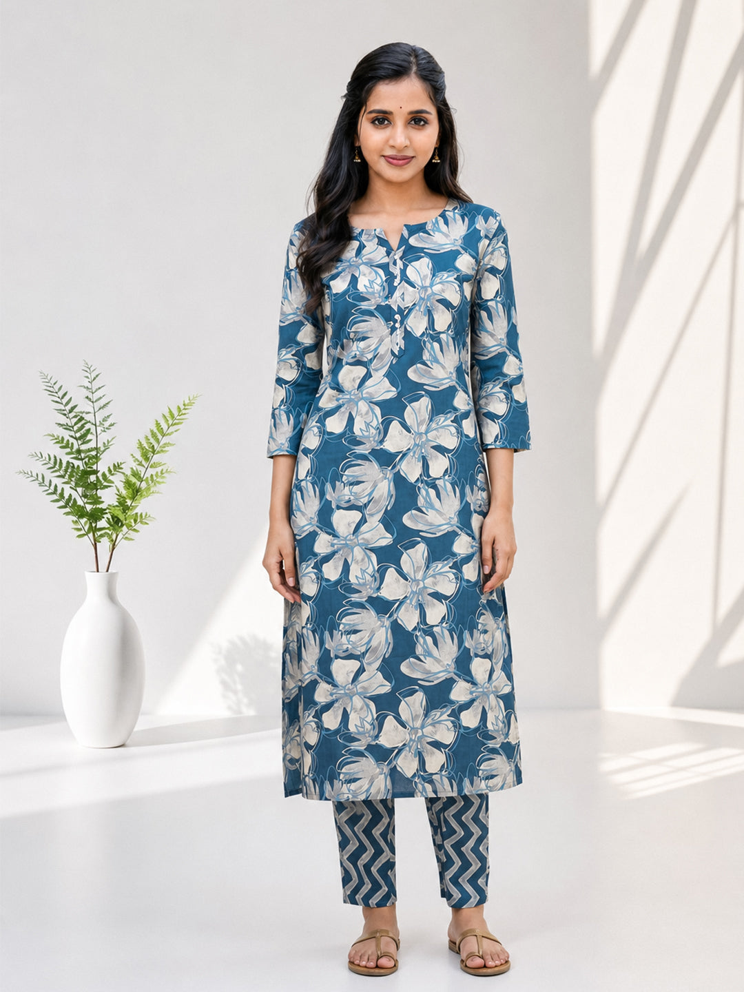 Women Cotton Rich Printed Blue Kurti Set EKS145