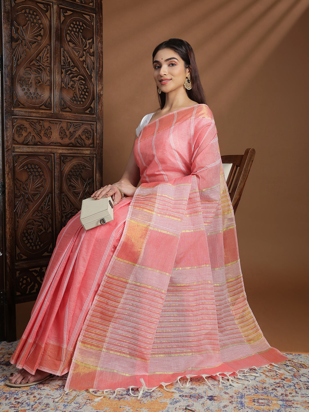 Women Pink Striped Cotton Jute Saree CJ08