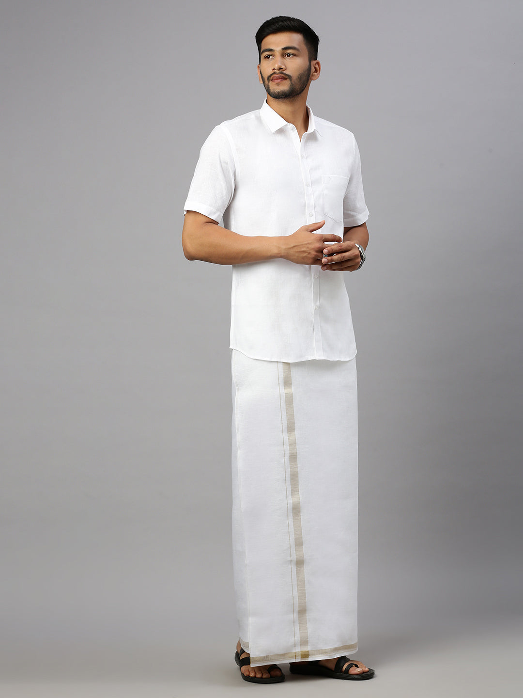 Men Pure Linen White Half Sleeves Shirt with Double Layer Dhoti Combo 5445