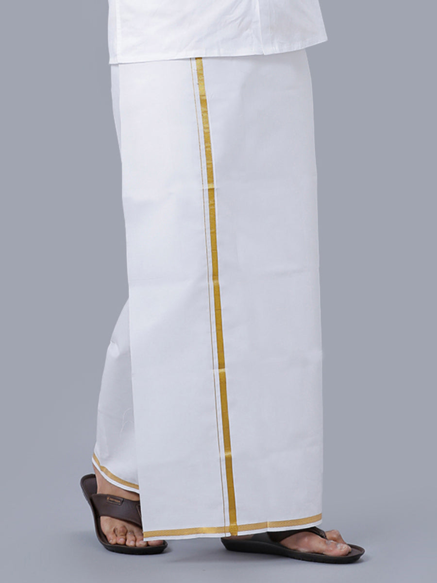 Men White with  1/2" Gold Jari Border Single Layer Dhoti Silver Sun