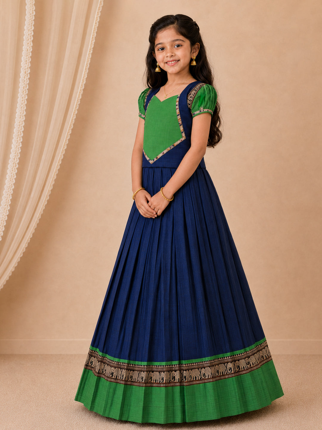 Girls Cotton Green Pattu Pavadai Set GPS48