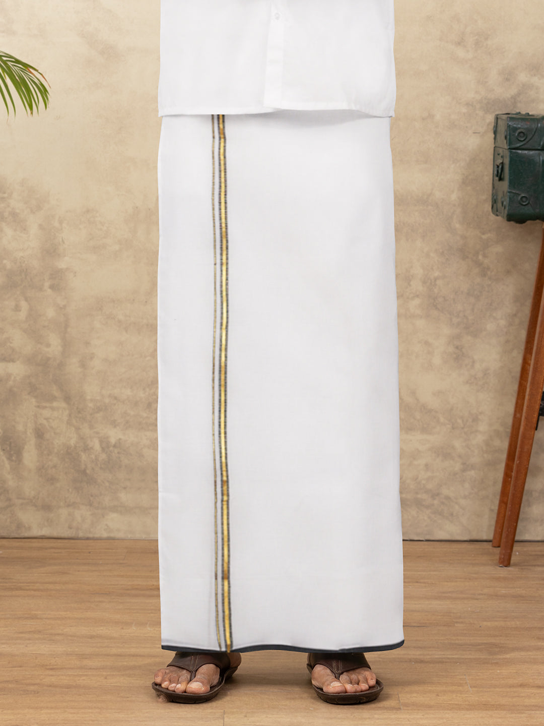 Men 100% Cotton Double Layer White Dhoti with Fancy Jari Border BJ01