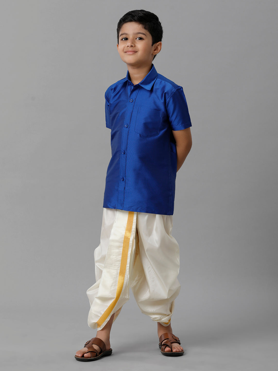Boys Silk Cotton Royal Blue Half Sleeves Shirt with Soft Silk Panchakacham Combo K5-Side view