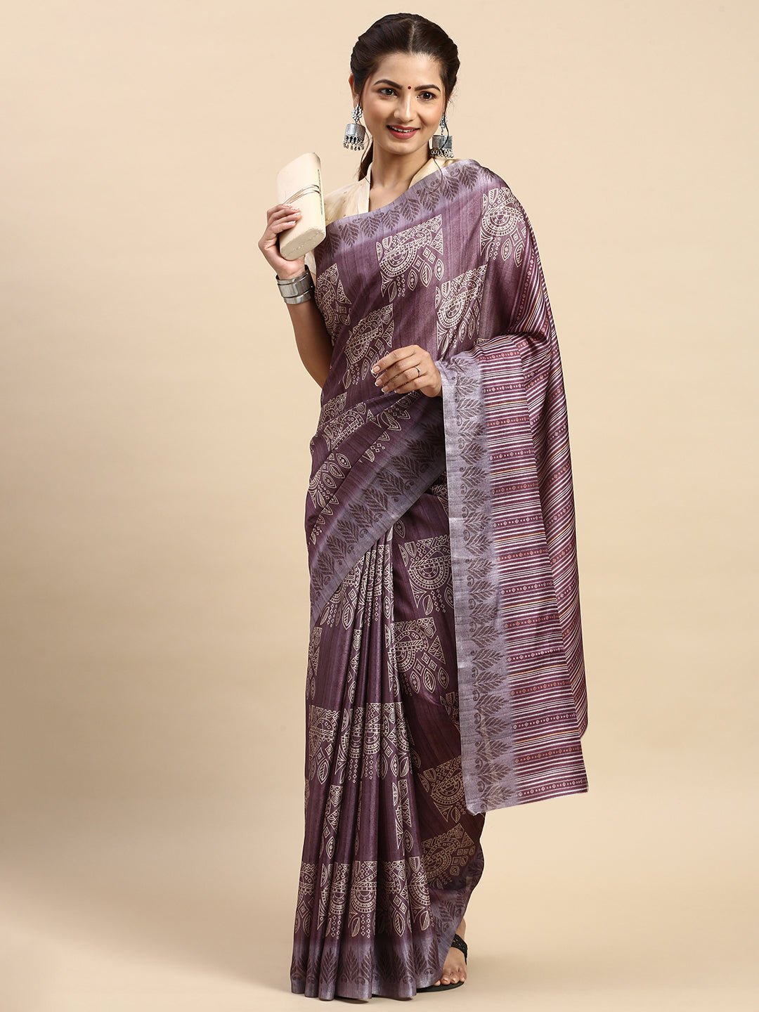 Womens Semi Tussar Purple & Sandal Flower Embroidery Saree ST93-Front view