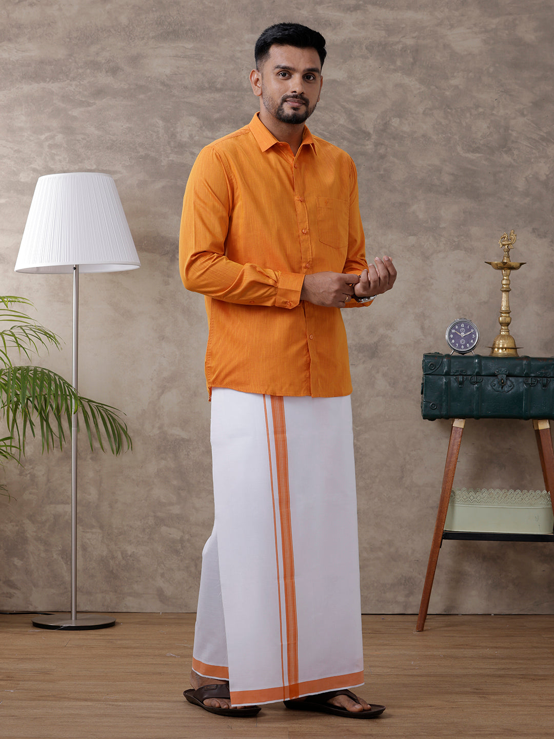 Mens Orange Matching Border Dhoti & Full Sleeves Shirt Set Evolution IC1