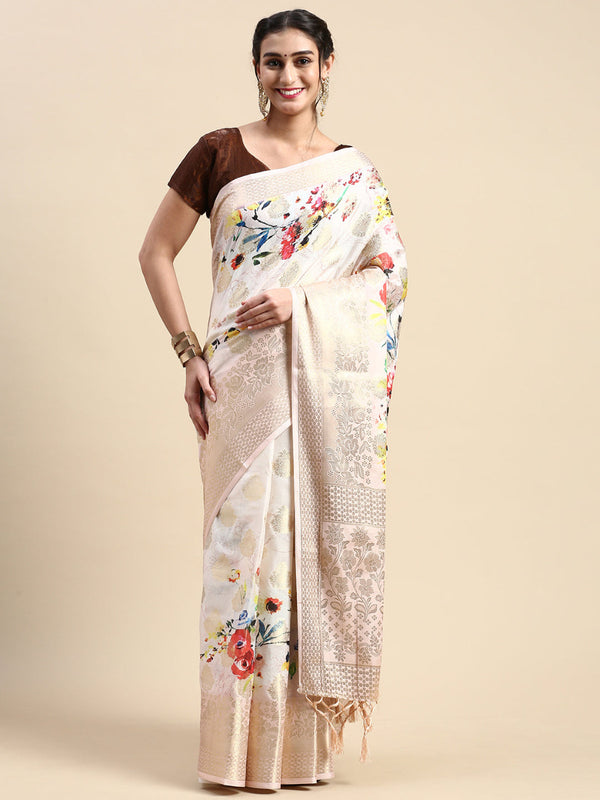 Womens Semi Tussar Sandal Flower Printed Saree with Tassels STP14