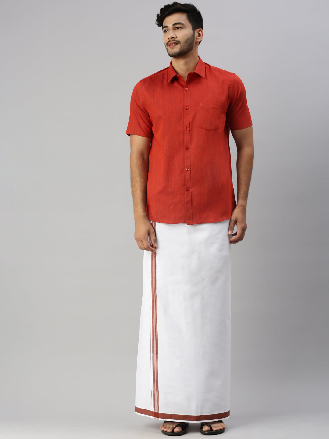 Mens Red Matching Border Dhoti & Half Sleeves Shirt Set Evolution IC5-Front view