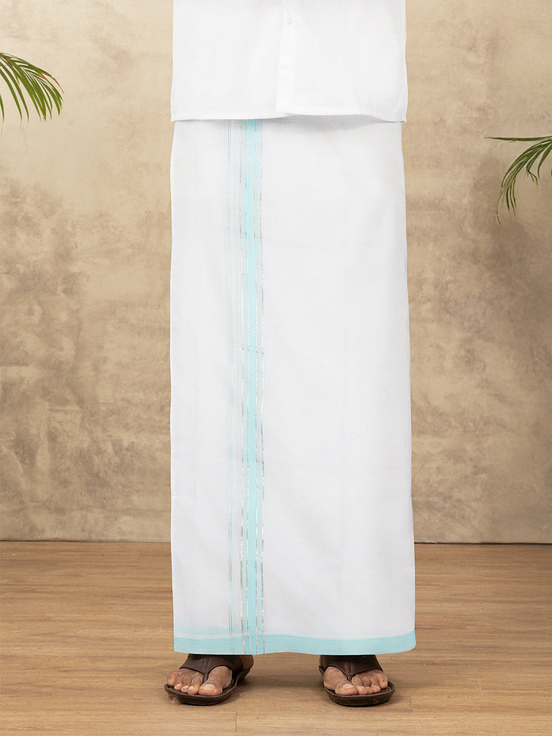 Men 100% Cotton Double Layer White Dhoti with Fancy Jari Border EJF18