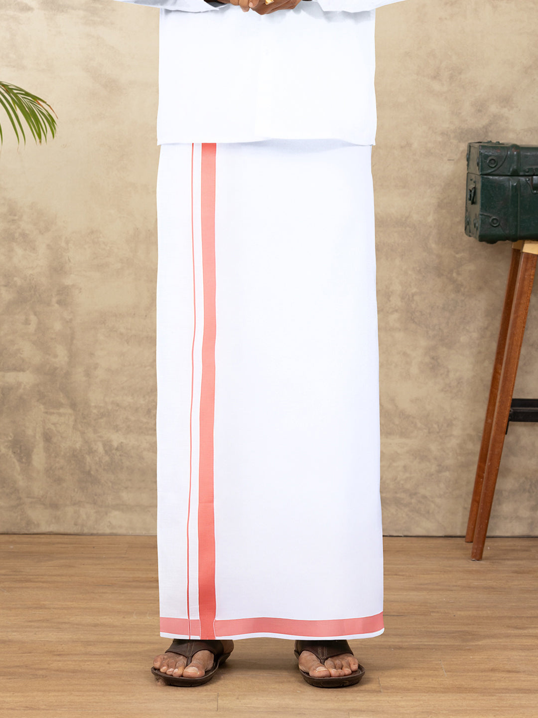 Men Cotton Blend Readymade Single Layer White Dhoti with Big Border GACS18